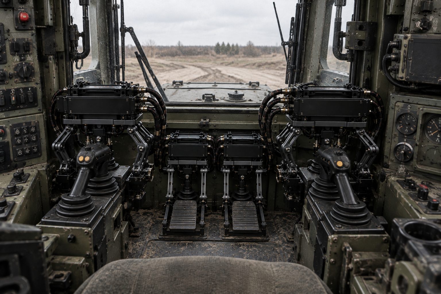 A tracked machine's cab with kit on both sticks and the pedals, the ground ahead