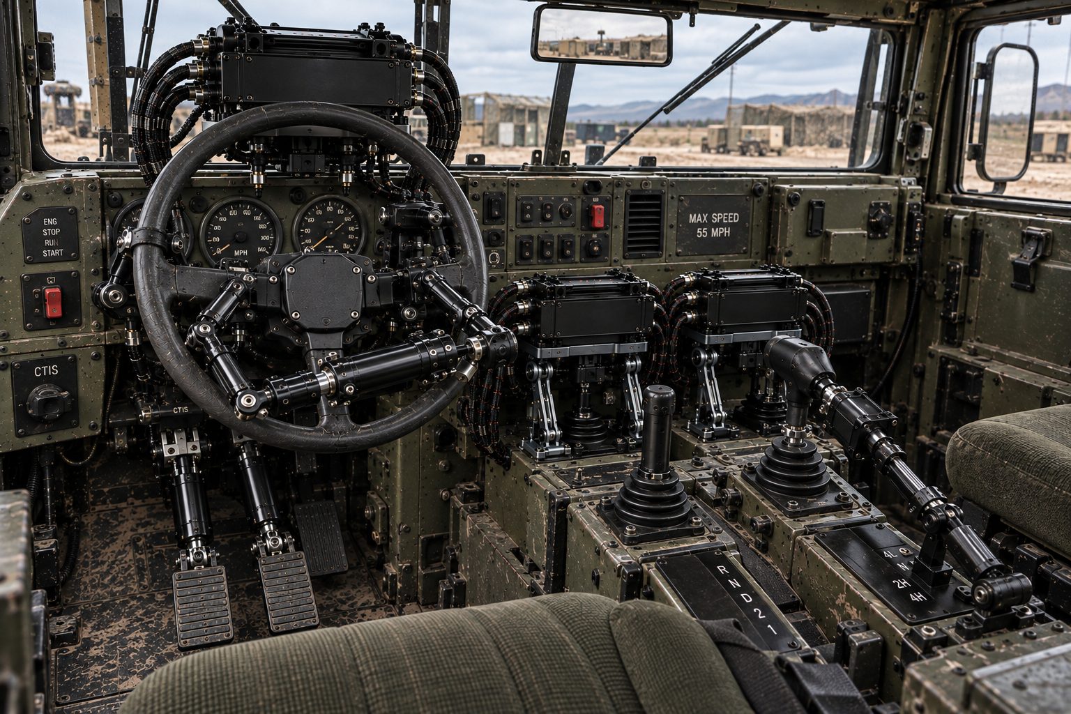 A vehicle's cab with kit fitted on the wheel, the pedals and the shifter