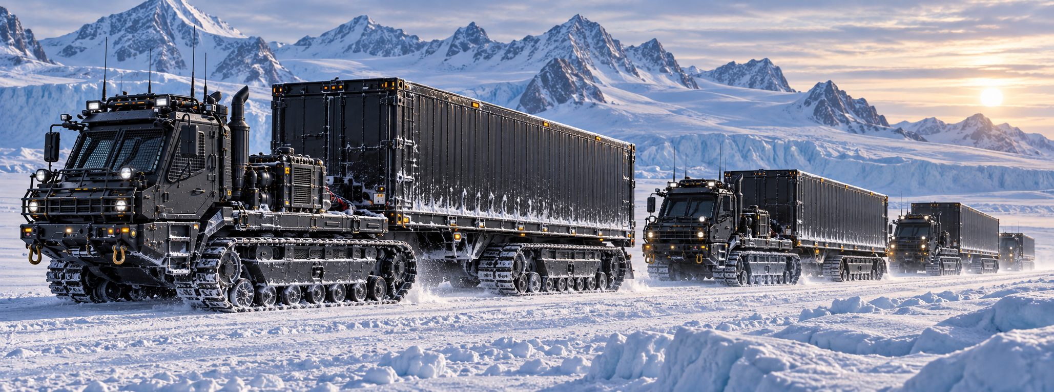 A column of tracked machines hauling box trailers across a snowfield at low sun, glacier behind