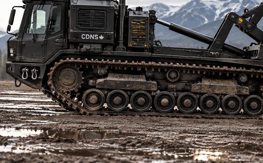 A tracked machine on muddy ground with mountains behind it, seen from the front quarter