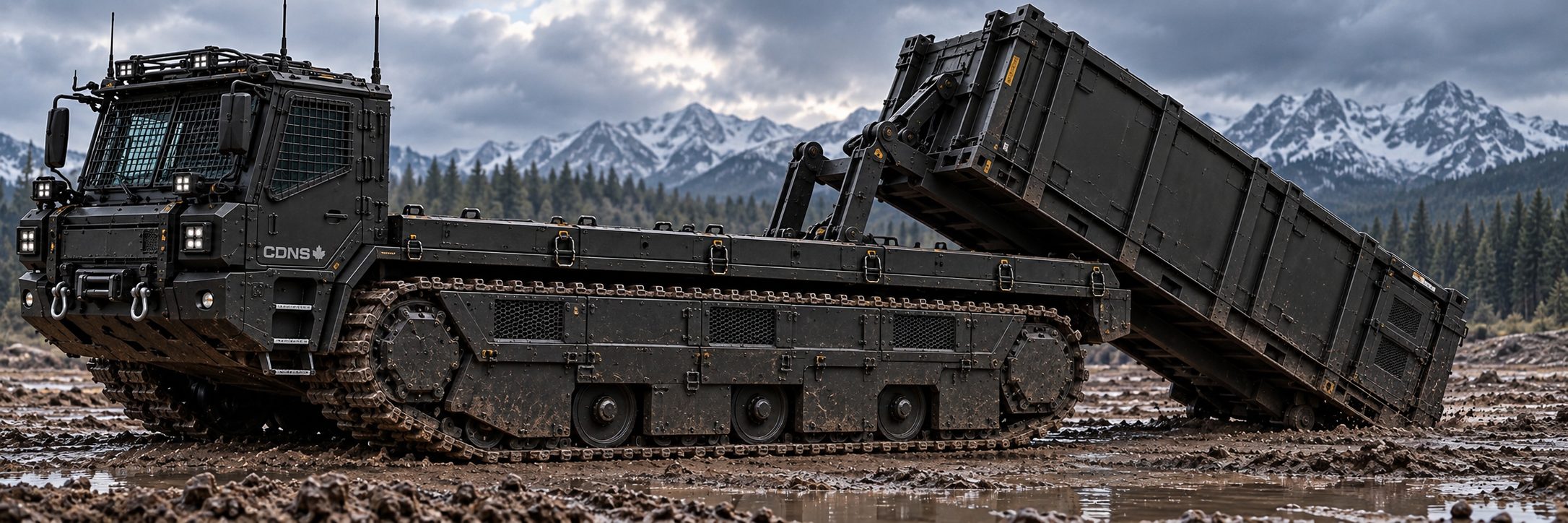 A tracked machine tipping a container body off its deck onto mud, mountains and conifers behind
