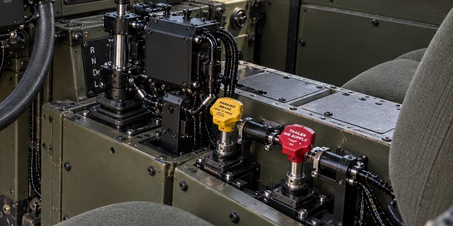 Kit at a truck's air-brake knobs and dash