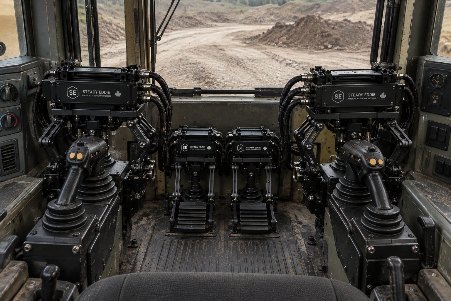 The cab of an earthworks plant machine with kit fitted on both joysticks, the pedals and the dash ahead