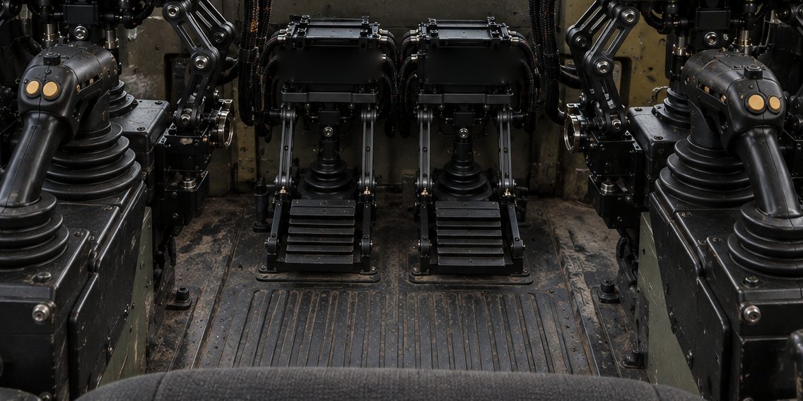 Kit fitted on the joysticks and pedals of a plant cab, seen from above