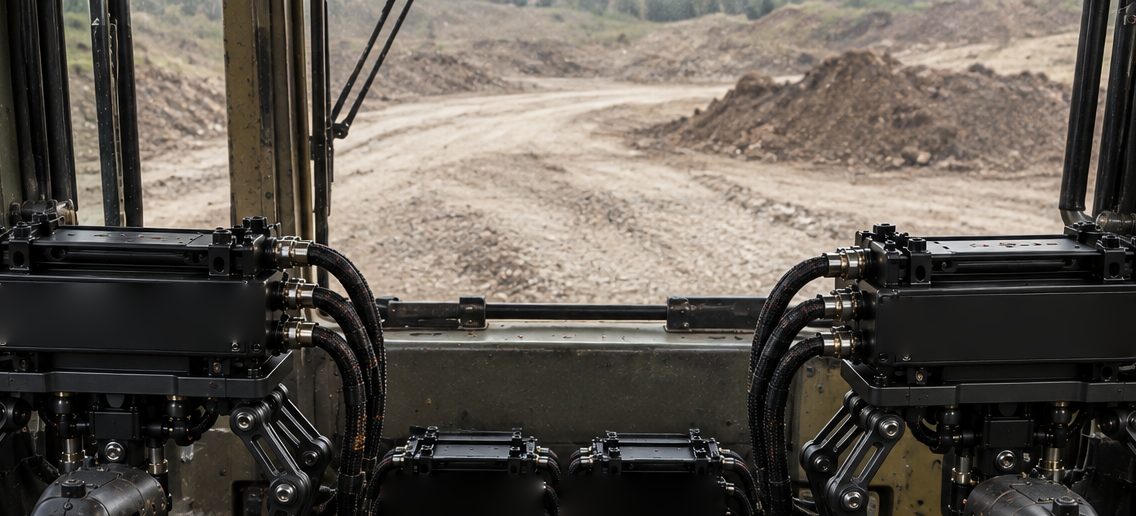 A plant cab seen from the seat, the kit on the sticks and the road ahead through the glass