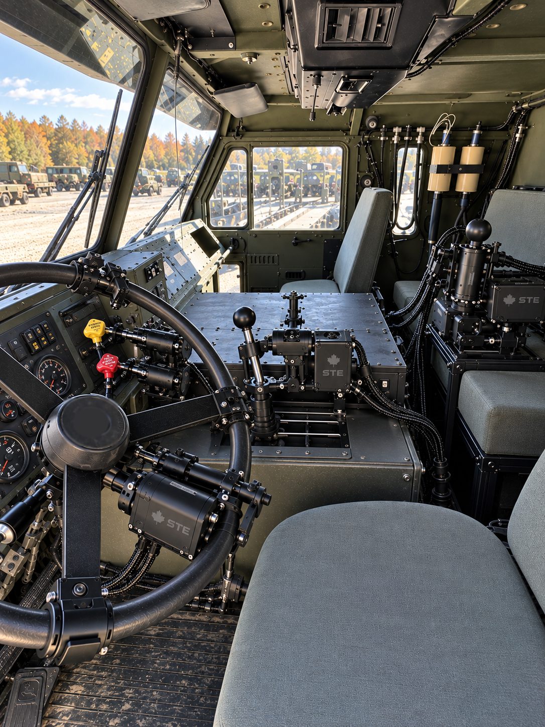 A truck cab with kit on the wheel and the pedals