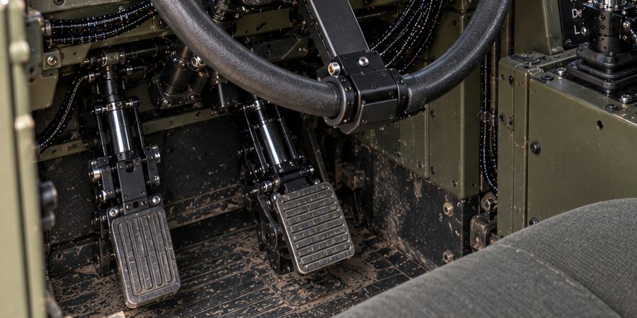 A truck cab's floor and pedals with kit fitted on the pedals