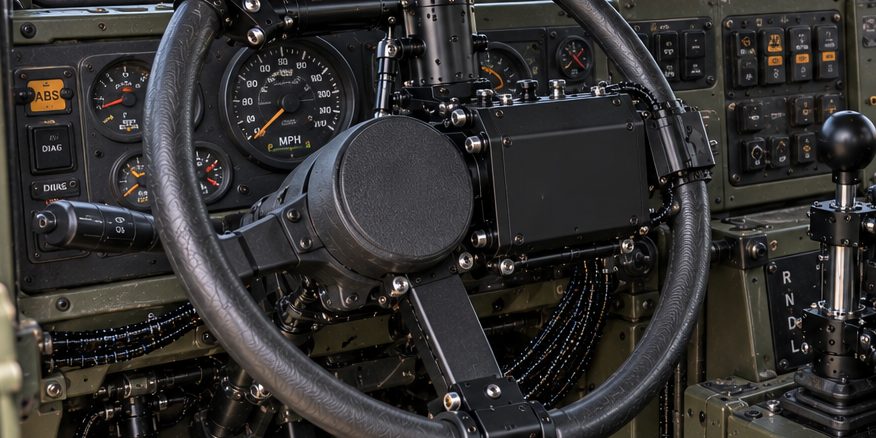 Kit on a truck's steering wheel, the instrument cluster behind