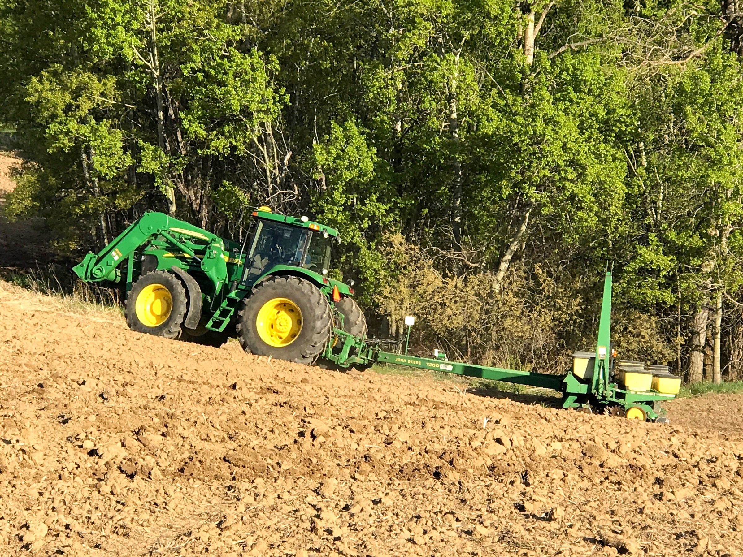 A tractor pulling a planter along the edge of a worked field in spring